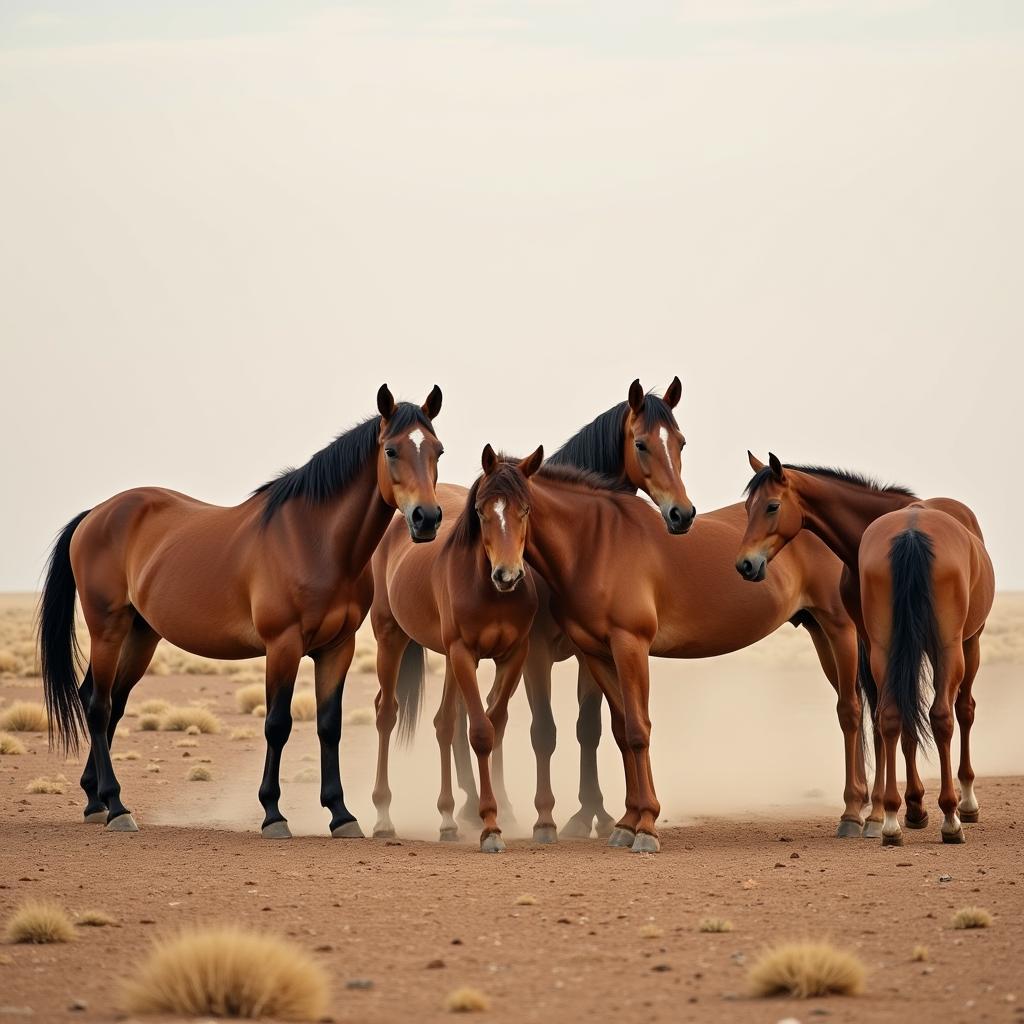 A group of wild horses interacting in their natural habitat.