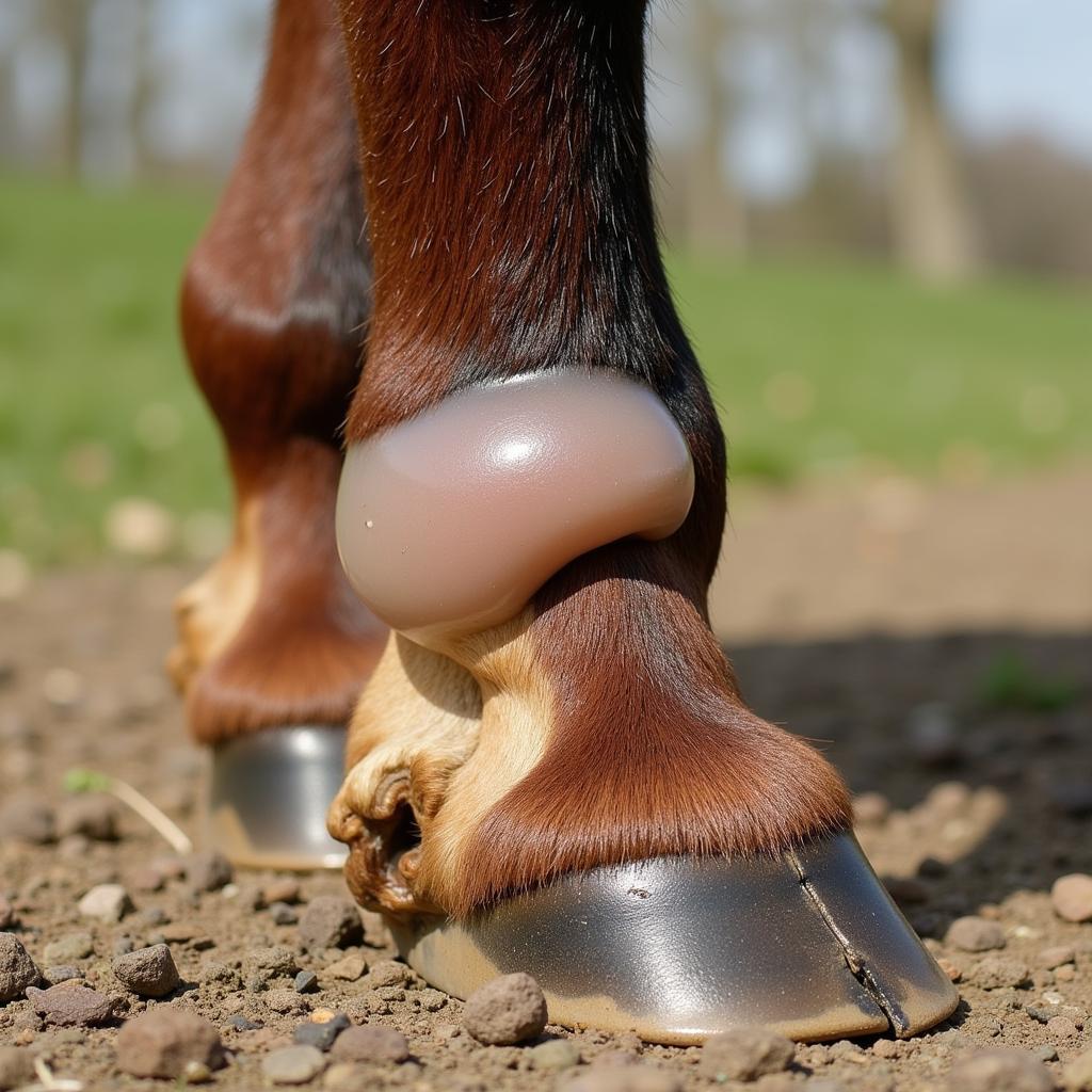 Windpuff on a Horse's Fetlock: Swelling around the fetlock joint indicating a windpuff.