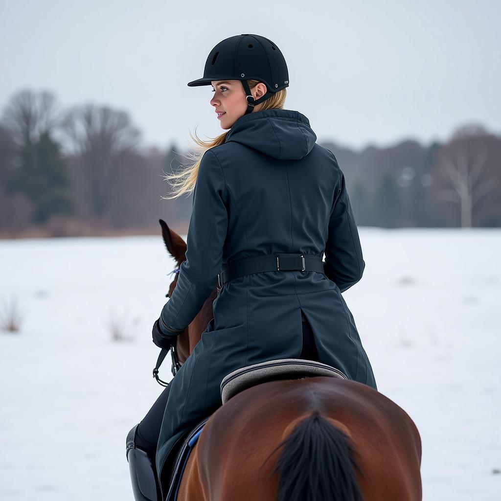 Woman wearing a winter coat while riding a horse in a snowy landscape