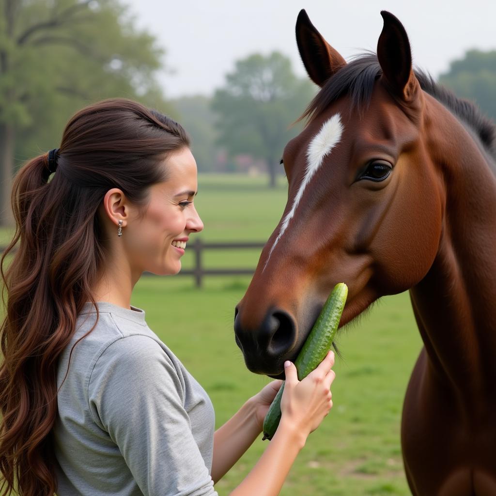 Woman feeding a horse a cucumber stick