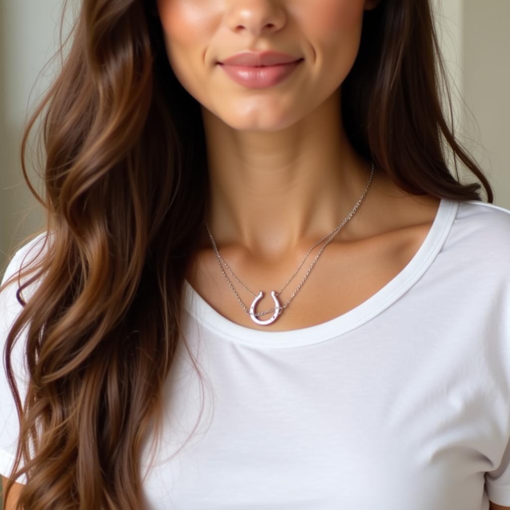 A woman wearing a beautiful silver horse shoe pendant