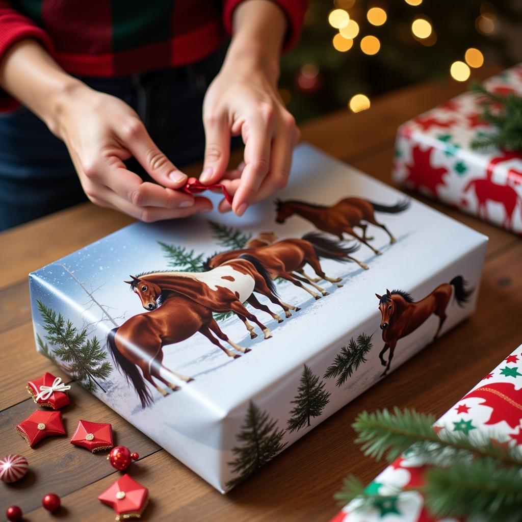 Wrapping Christmas Gifts with Horse Paper