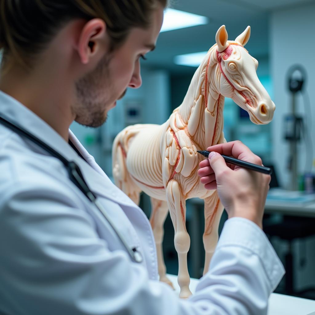 3D Horse Model Applications: A veterinarian examines a highly detailed 3D printed horse model, showcasing its use in veterinary education and diagnosis.