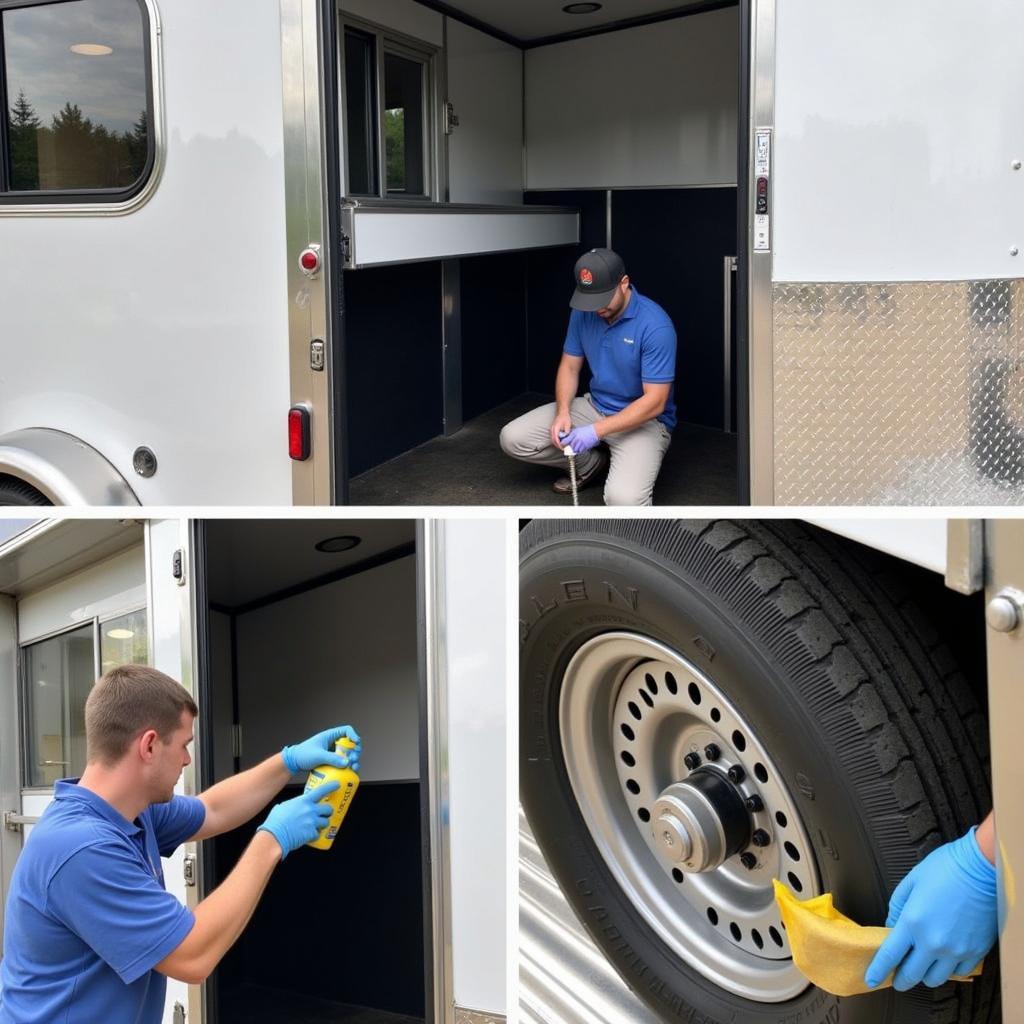 Maintaining Your Adam Horse Trailer: A person is shown cleaning and inspecting an Adam horse trailer, focusing on the tires, brakes, and interior.