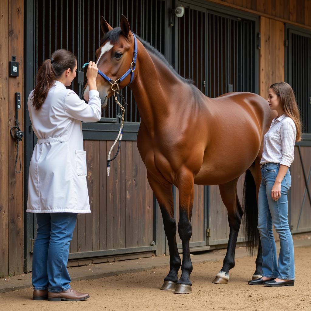 Veterinarian administering intravenous oxytetracycline to a horse with Potomac fever