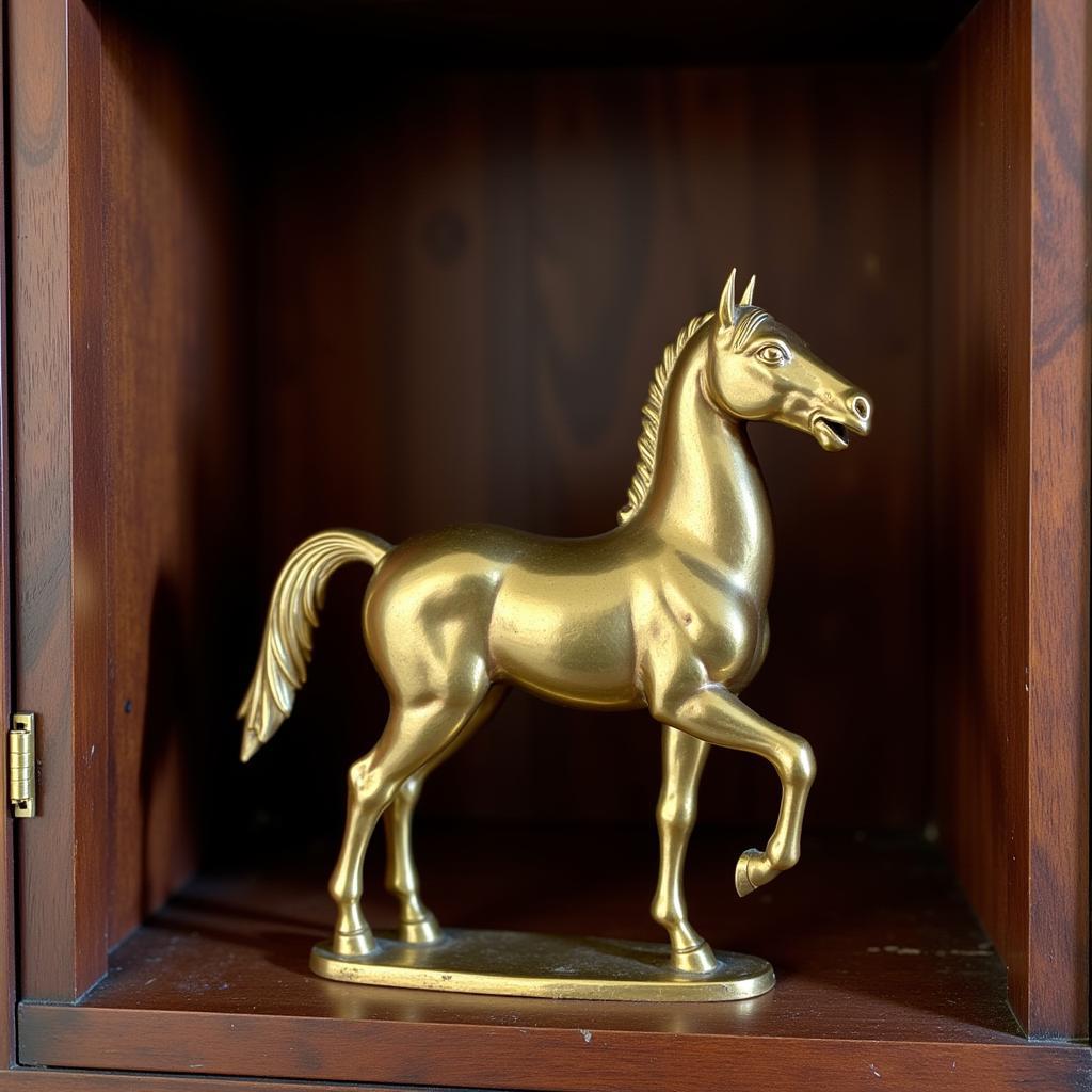 Antique Brass Horse Statue on a Wooden Shelf