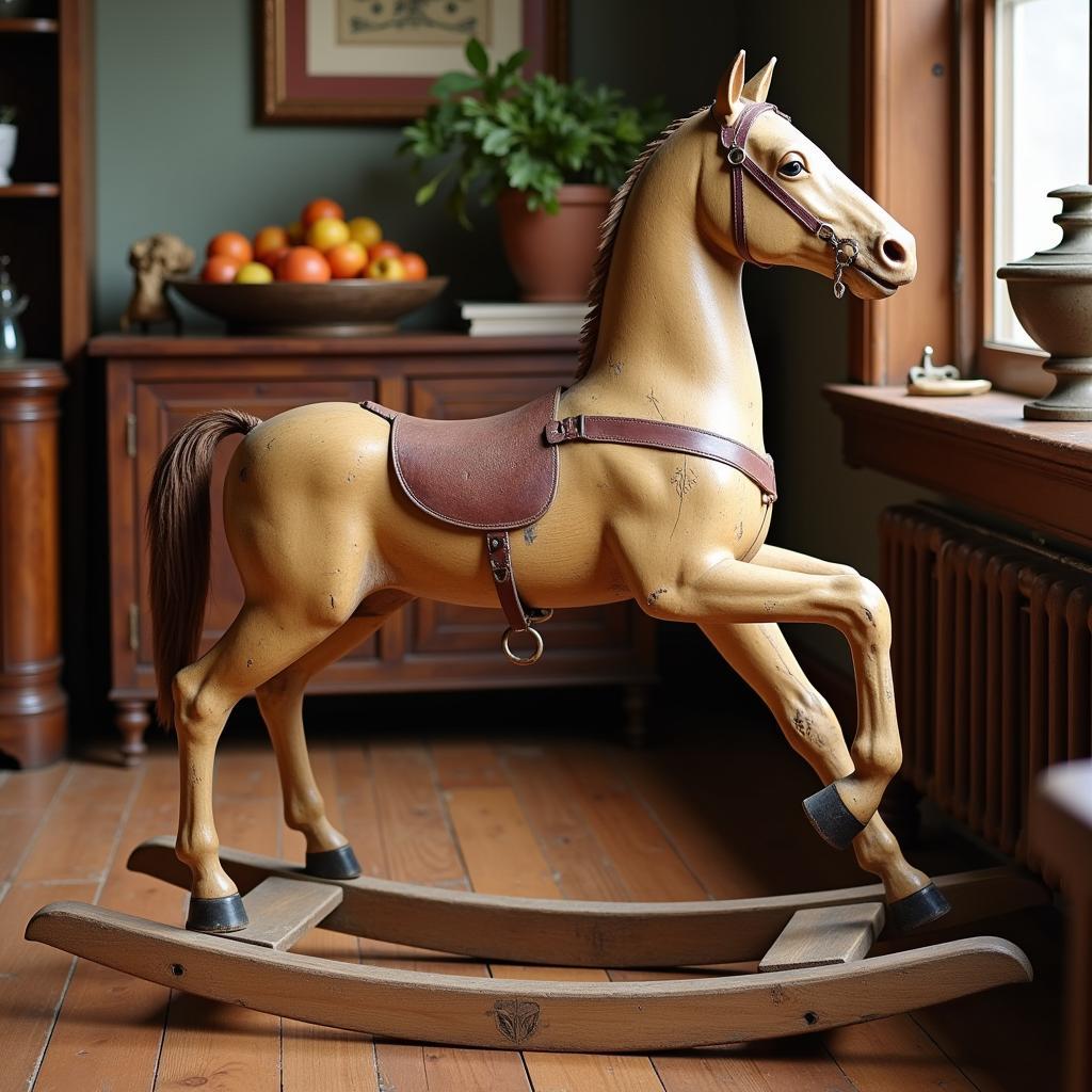 Antique handmade wooden rocking horse displayed in a vintage setting