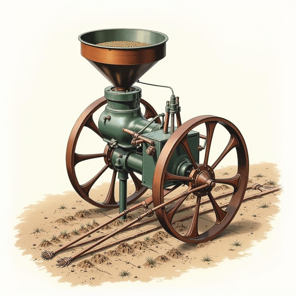 Antique Horse Drawn Seed Planter Mechanism: Detailed view of the seed hopper, distribution tubes, and furrow-creating plow.