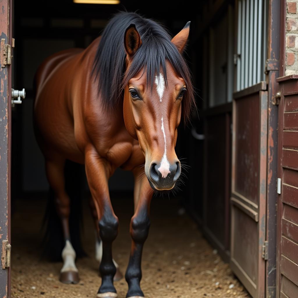 An anxious horse displaying signs of stress such as pacing and sweating.