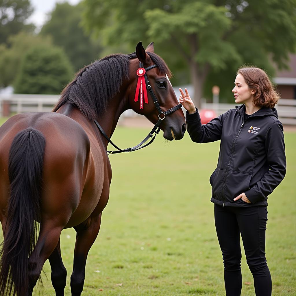 Approaching a horse with a red ribbon on its tail from the side