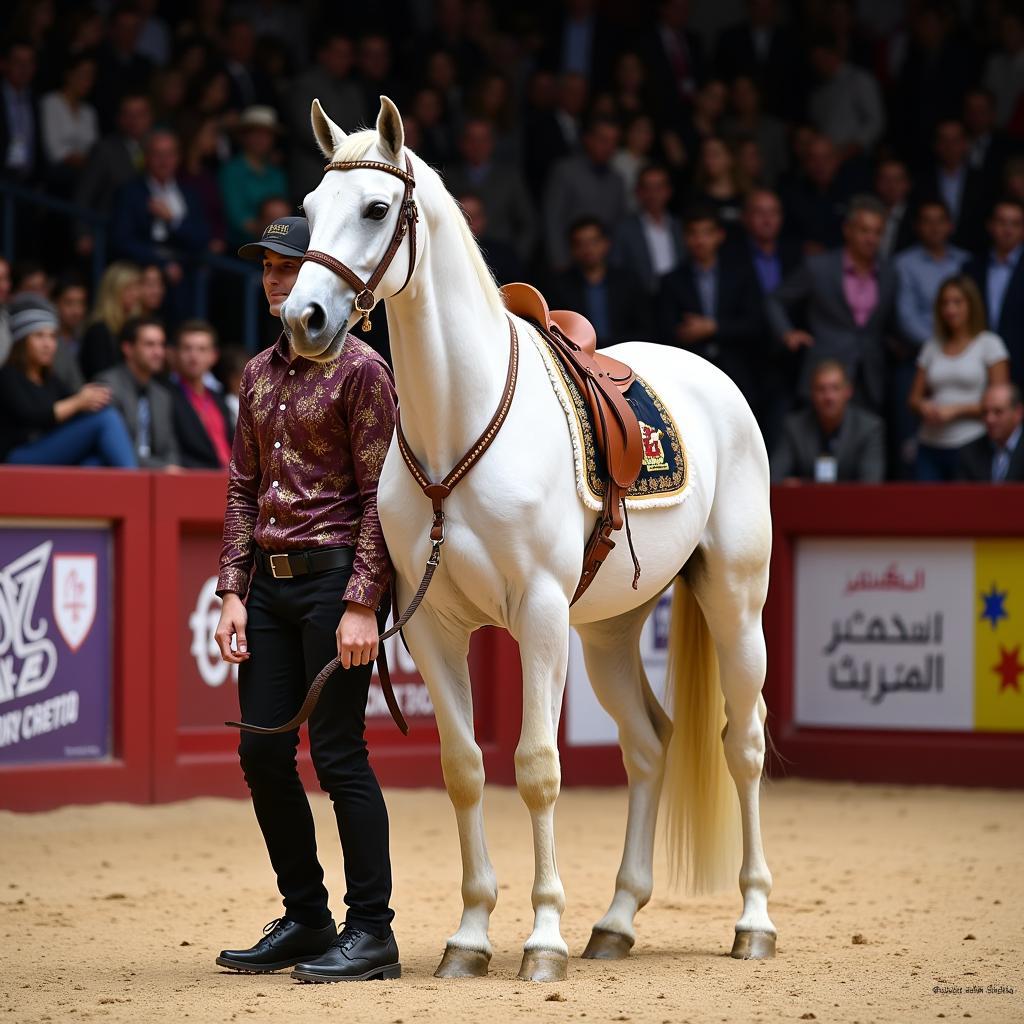 An Arabian horse being shown at a competition