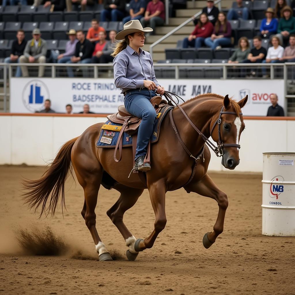 A rider practicing barrel racing exercises with their horse in an arena.