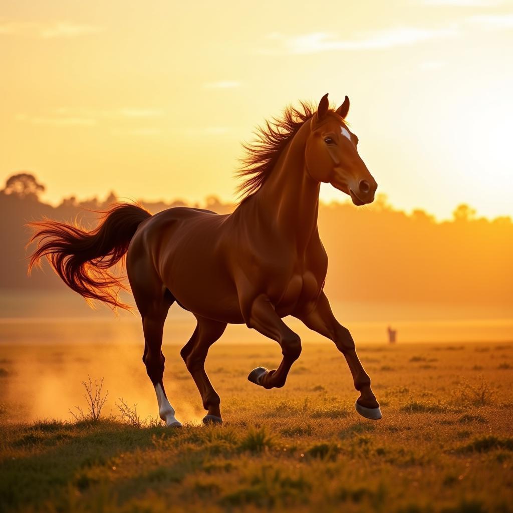 Bay Friesian Horse Running Free in Open Field