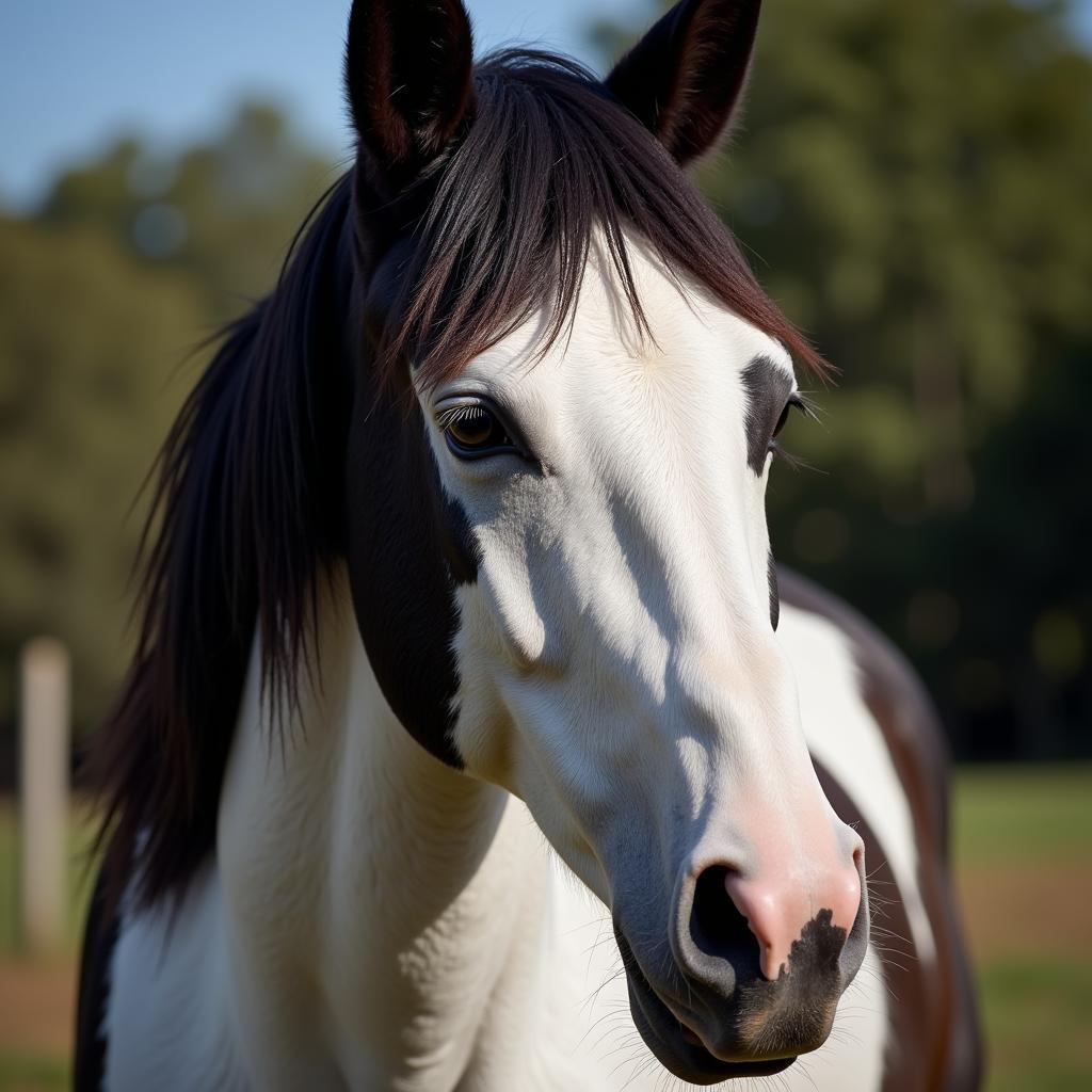 Black and white horse close up head