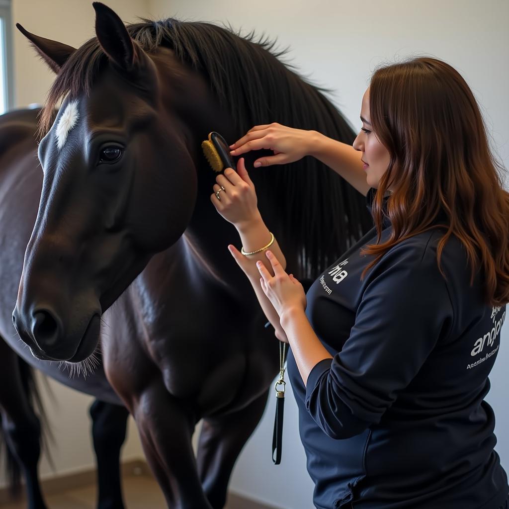 A black Arabian horse being groomed by its owner, emphasizing the importance of coat care.