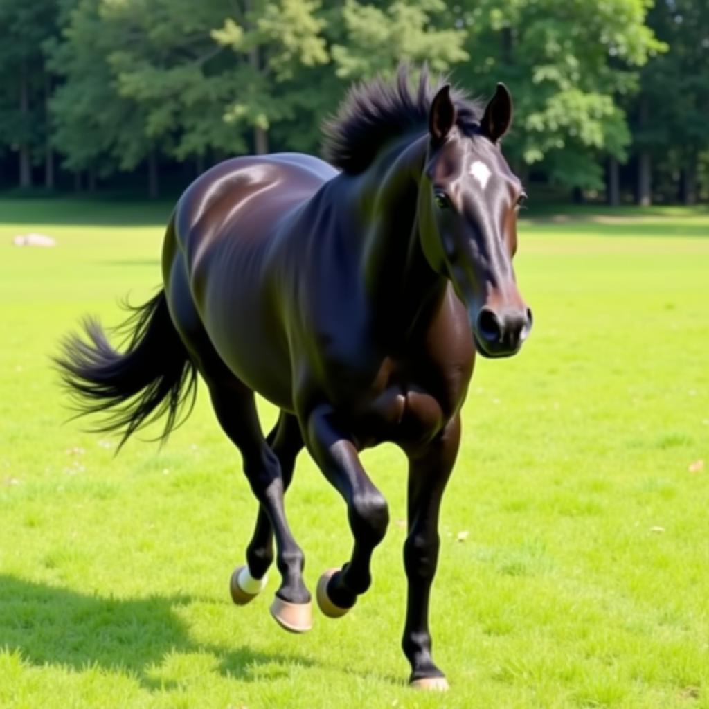 A black horse running freely in a field