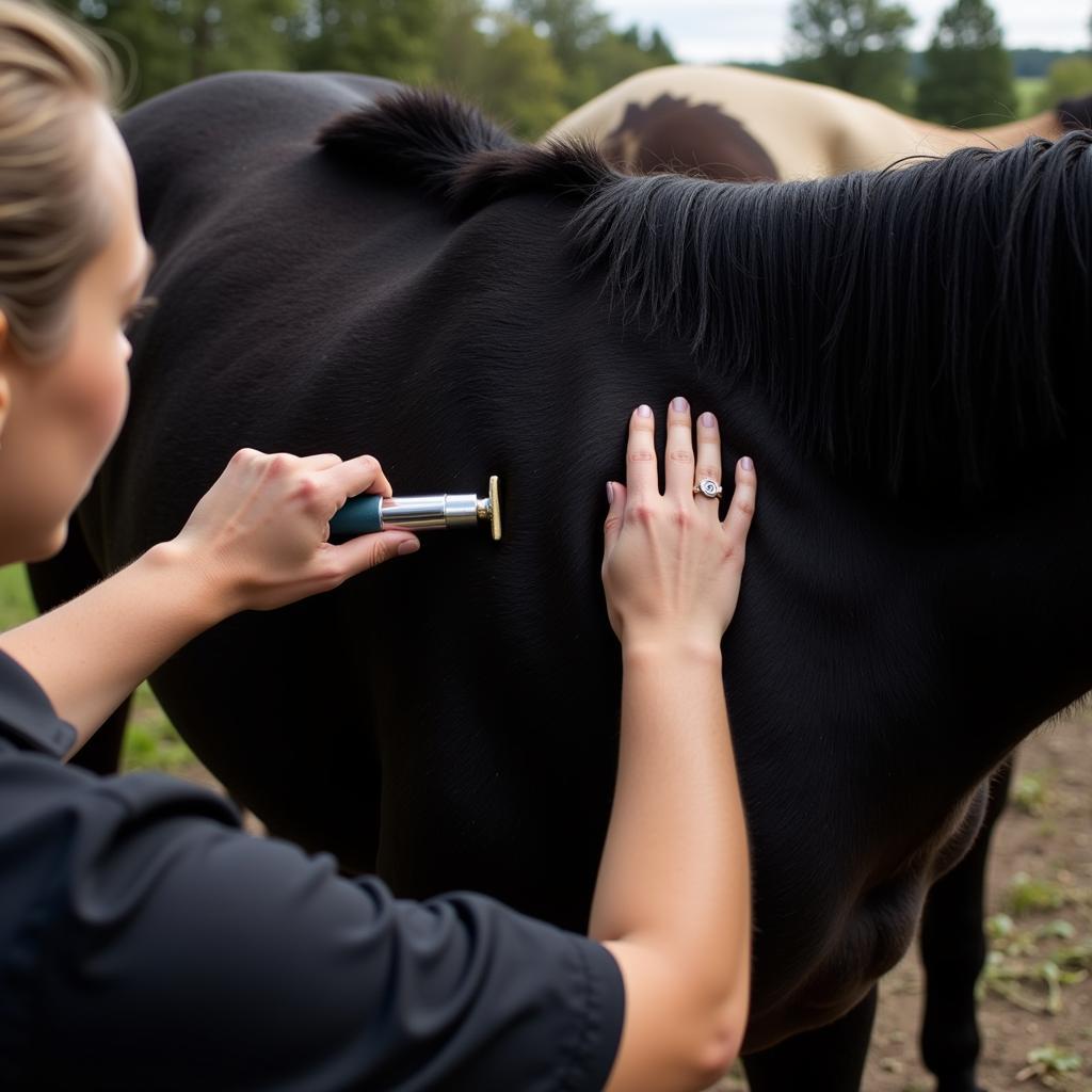 A close-up of a black Quarter Horse being groomed, highlighting the care required to maintain its coat.