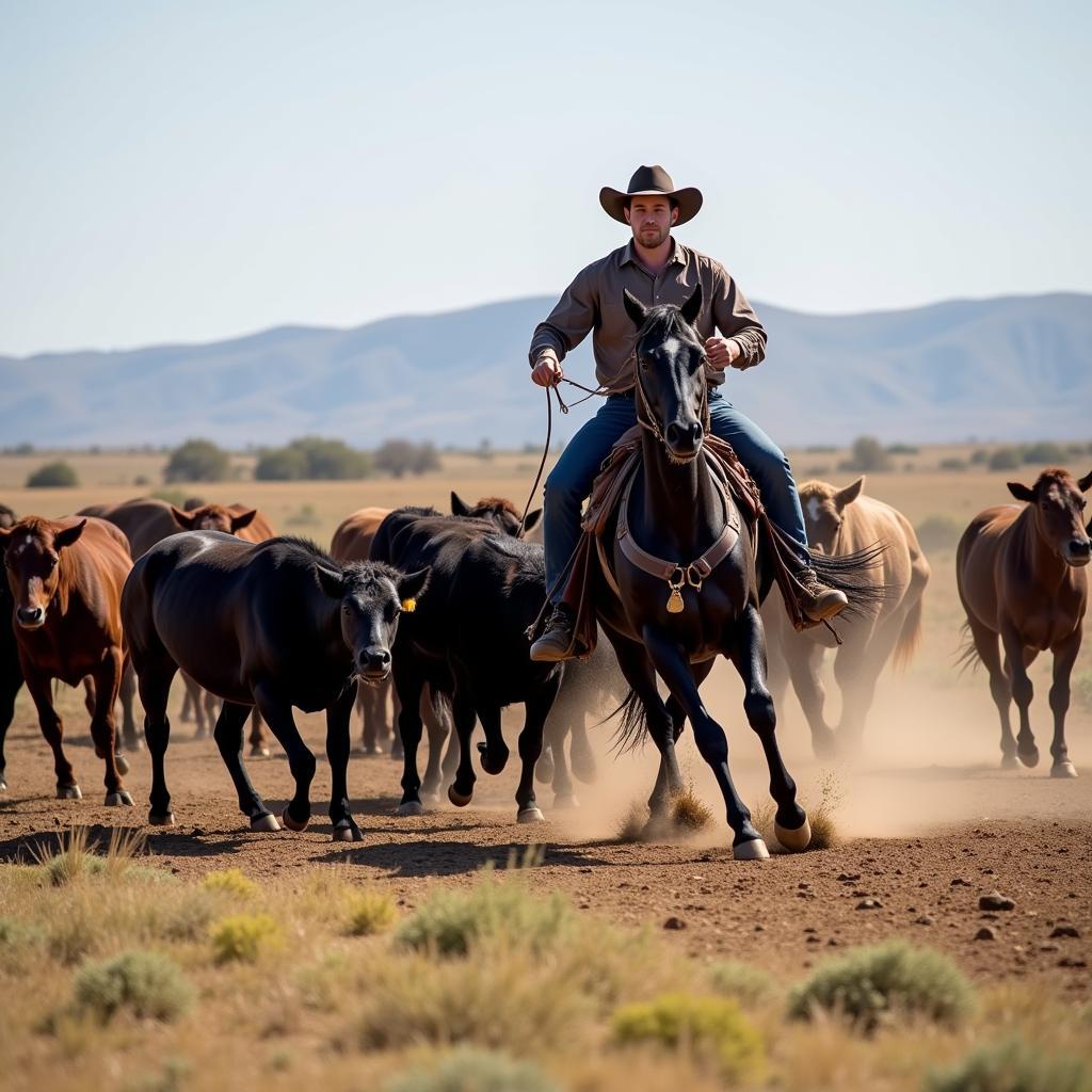 Black Quarter Horse Working Cattle on a Ranch