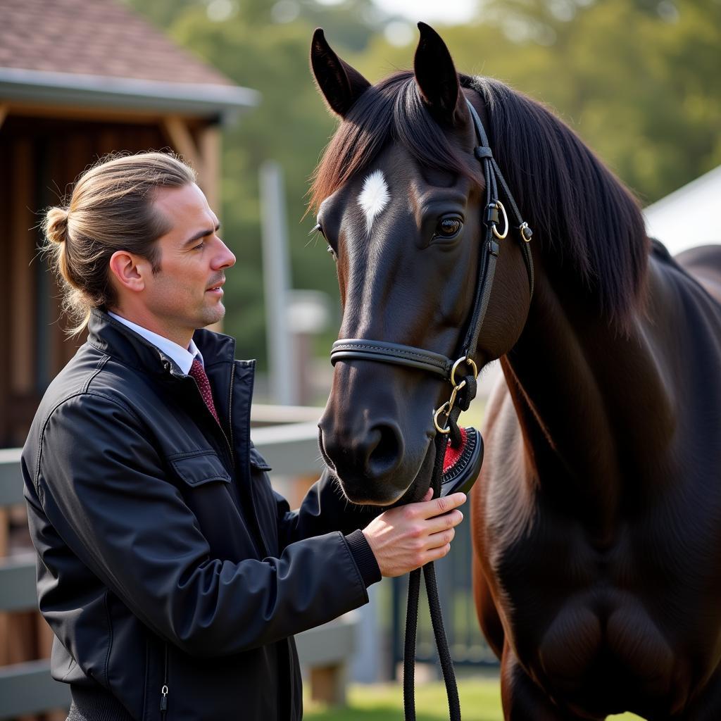 A groom carefully brushes the coat of a black stallion, highlighting the importance of regular grooming