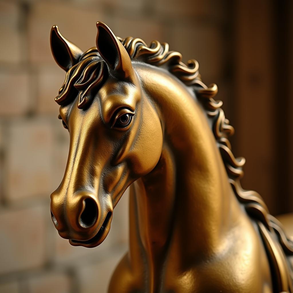 Close-up of a Detailed Brass Horse Statue