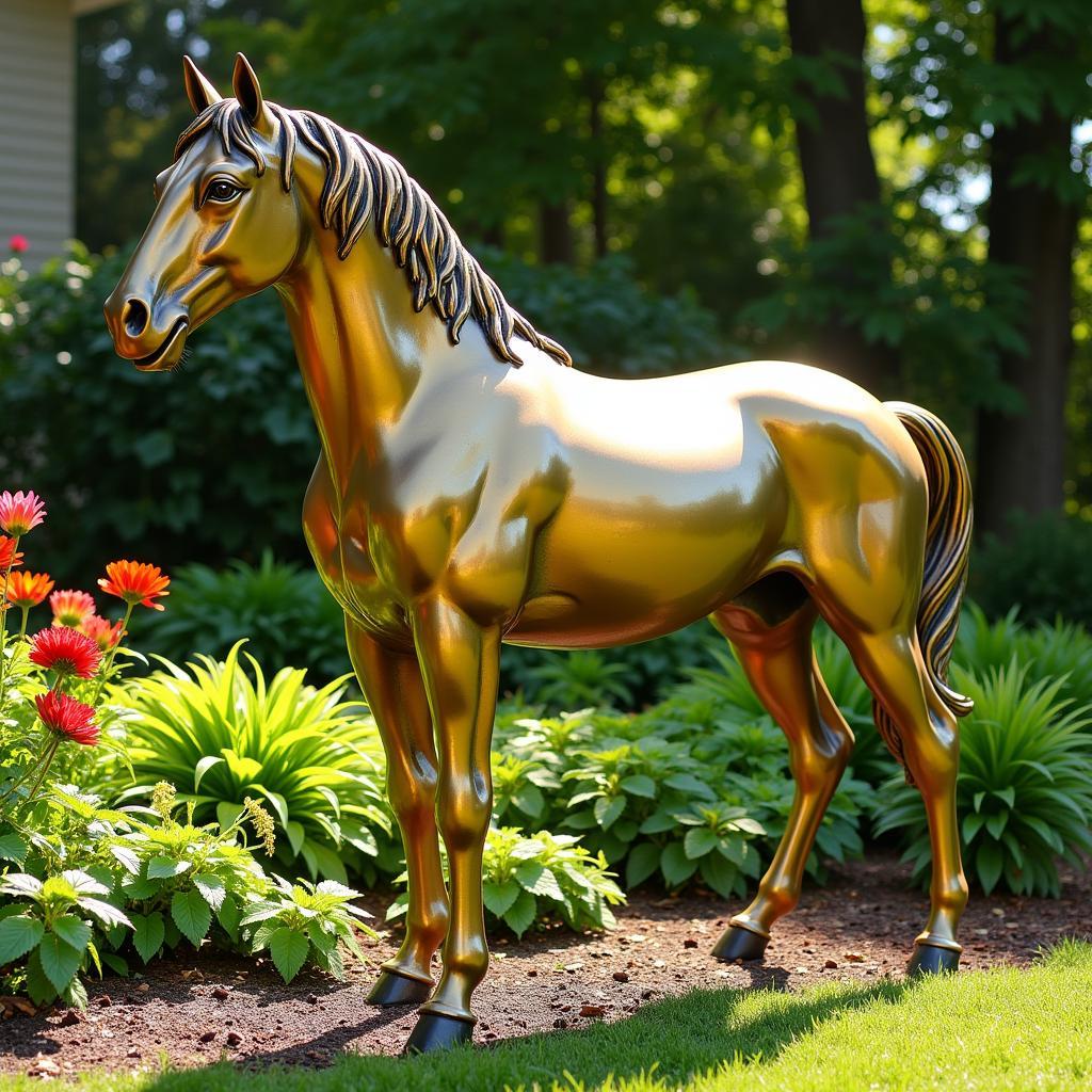 Brass Horse Statue in a Garden Setting