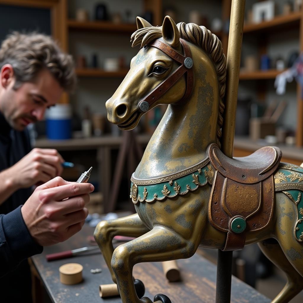 Antique Bronze Carousel Horse Undergoing Restoration