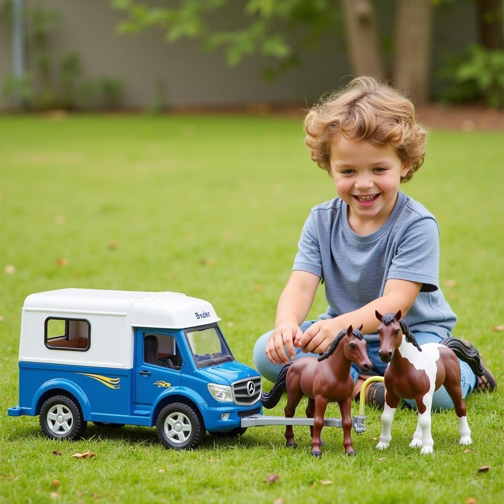 Bruder Toy Horse Trailer with Friesian Horse