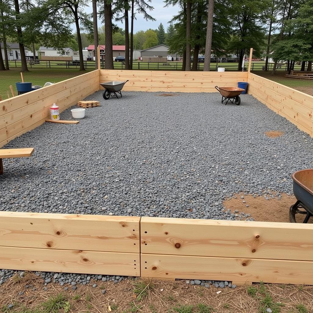 Budget-Friendly Horse Arena Construction: A DIY project showing the initial stages of building a horse arena using cost-effective materials like recycled wood and gravel.