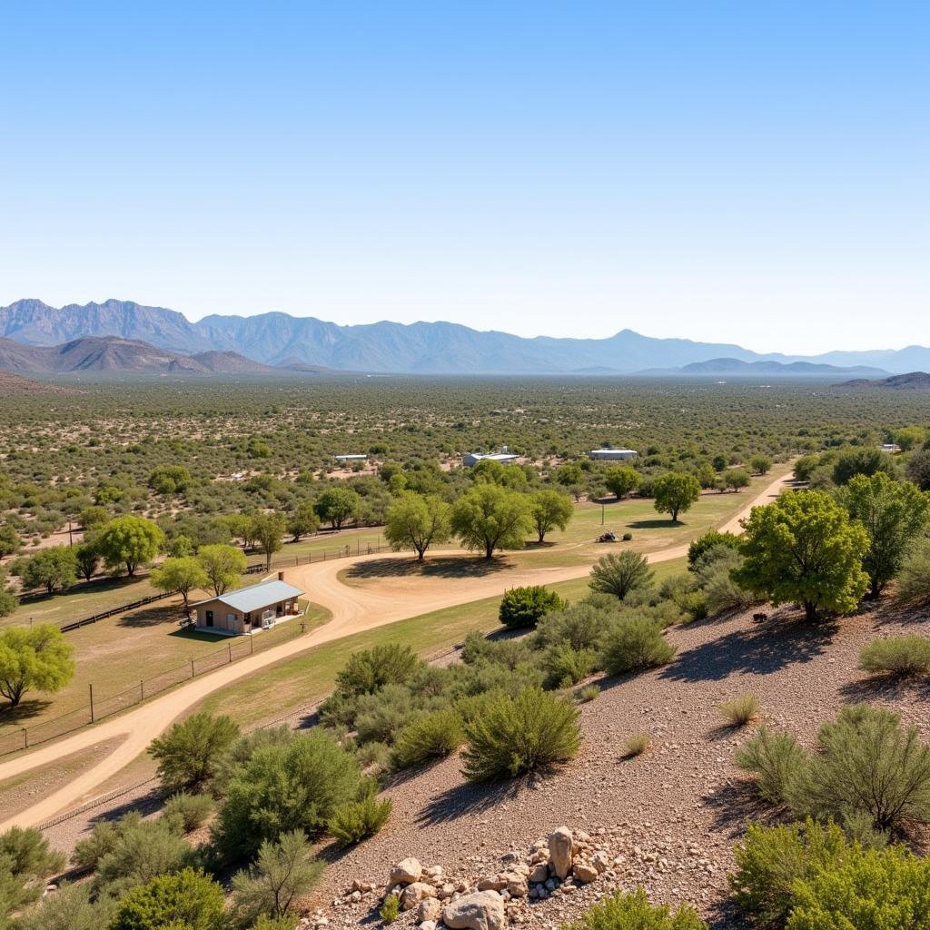 Beautiful landscape of a horse property in Cave Creek, AZ, showcasing rolling hills, desert vegetation, and a well-maintained stable.