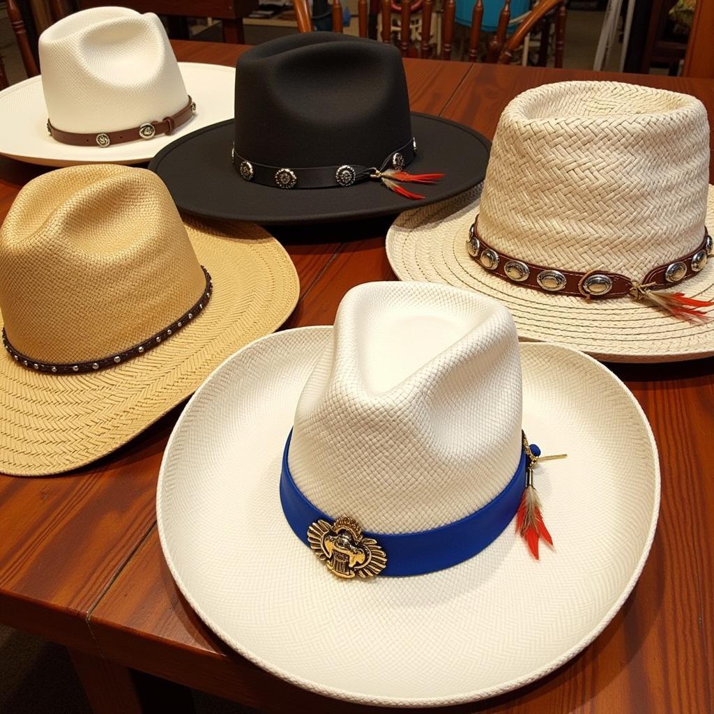 Different styles of Charlie 1 Horse straw hats displayed on a table