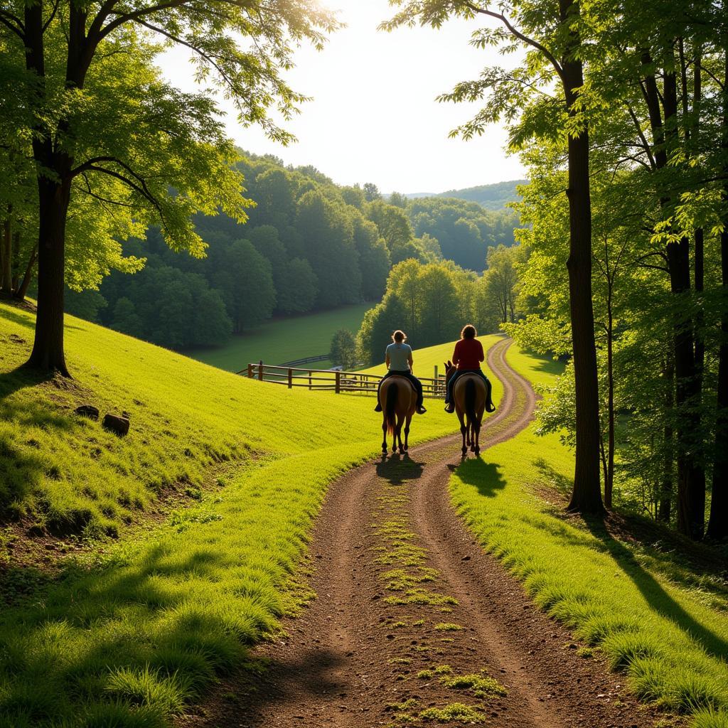 Scenic view of the Chattanooga Iron Horse trail with lush greenery and a rider on horseback.