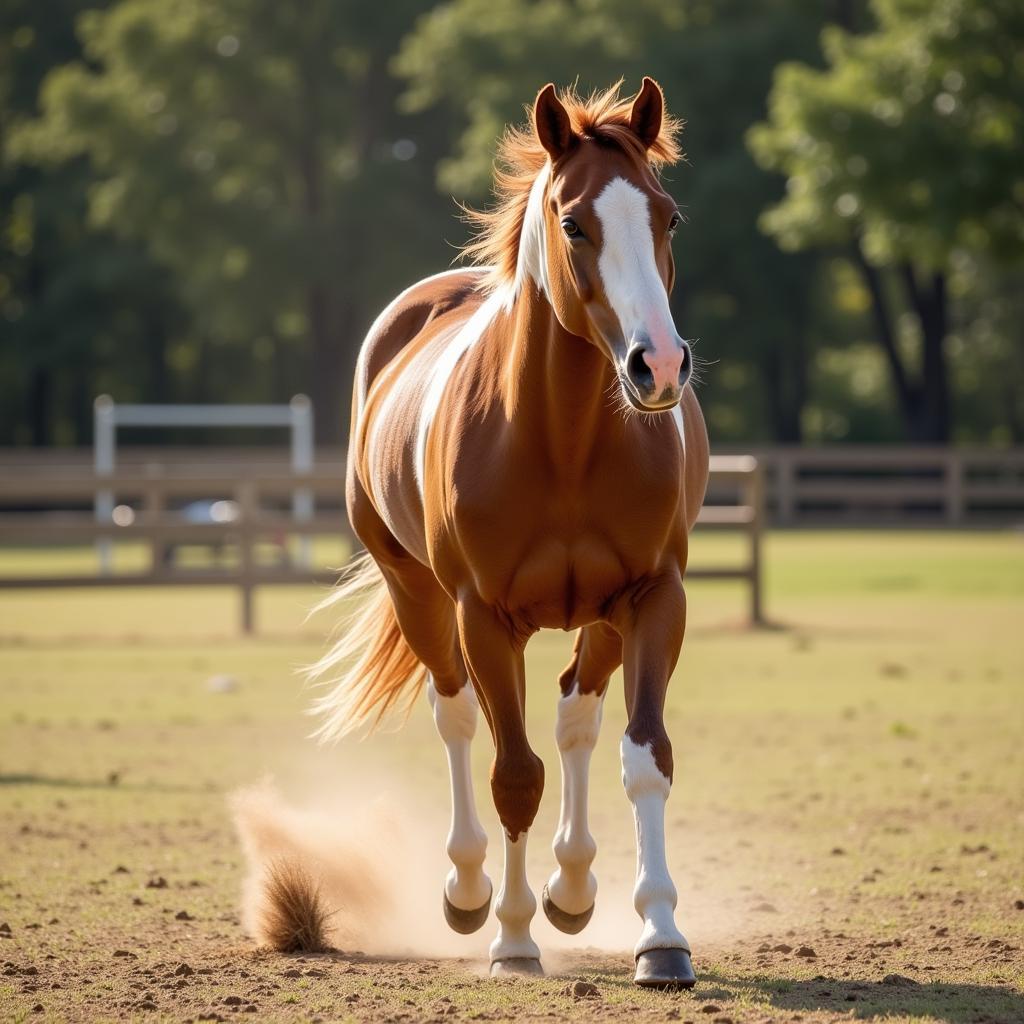 Chestnut Sabino horse running freely in a paddock, showcasing its dynamic movement and unique coat