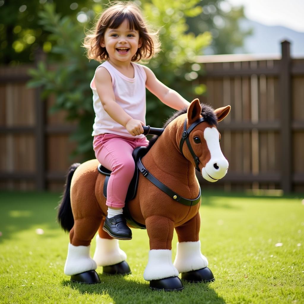 A child enjoying riding a battery-powered electric horse toy