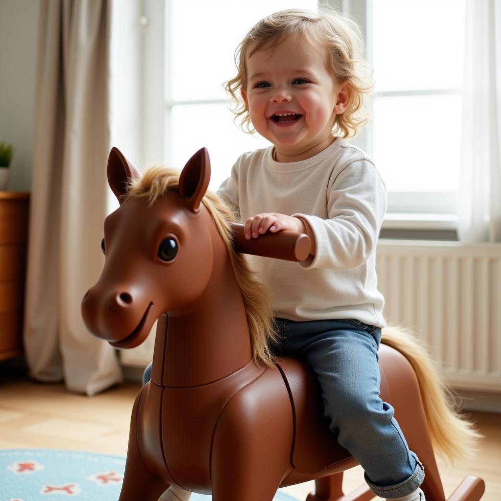 A child happily riding a classic wooden rocking horse