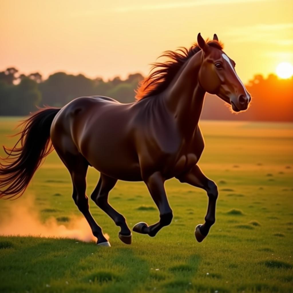 A chocolate horse running in a field