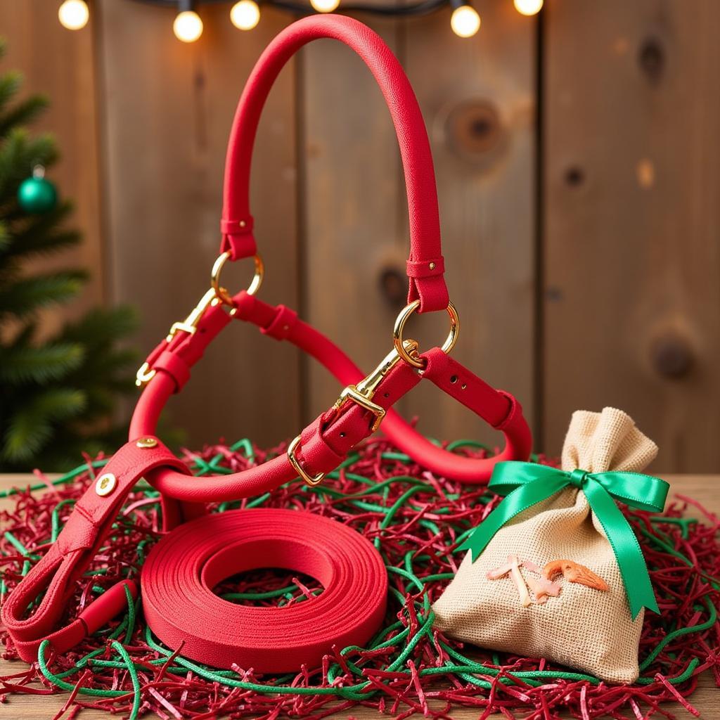 A Christmas-themed gift set including a red nylon halter, a matching lead rope, and a festive horse treat bag.