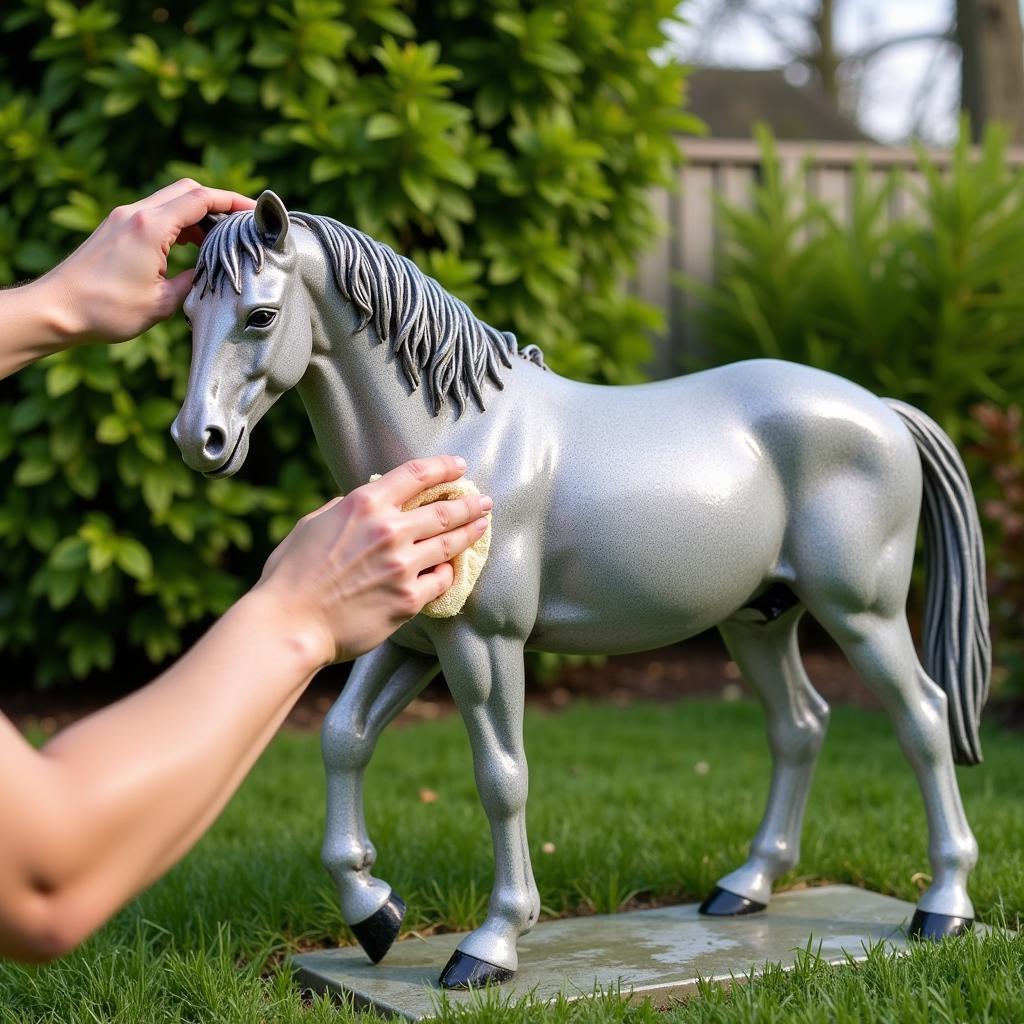 Cleaning a Horse Garden Statue