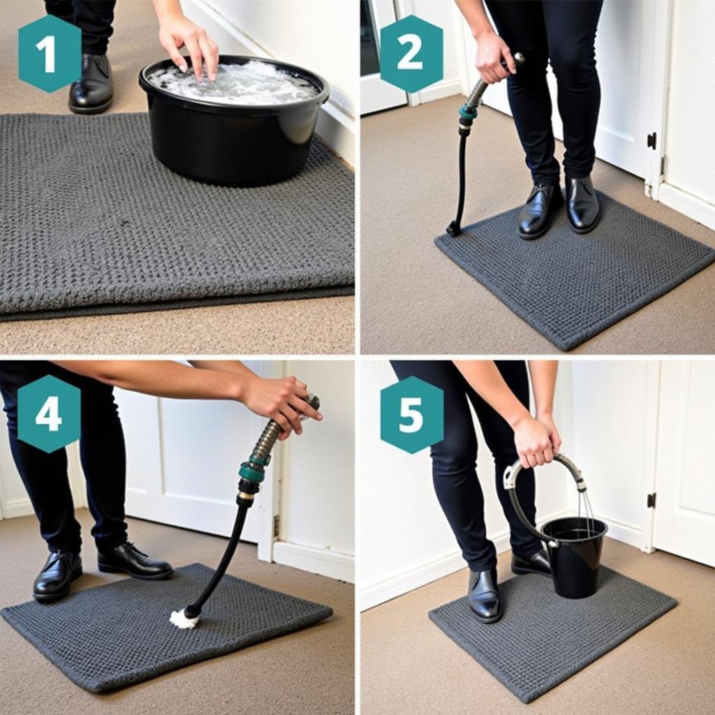 Cleaning a horse stall mat with a hose and detergent