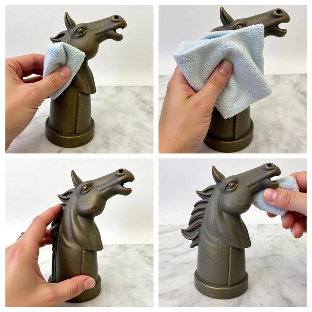 Demonstrating the proper way to clean a vintage horse head ashtray stand.