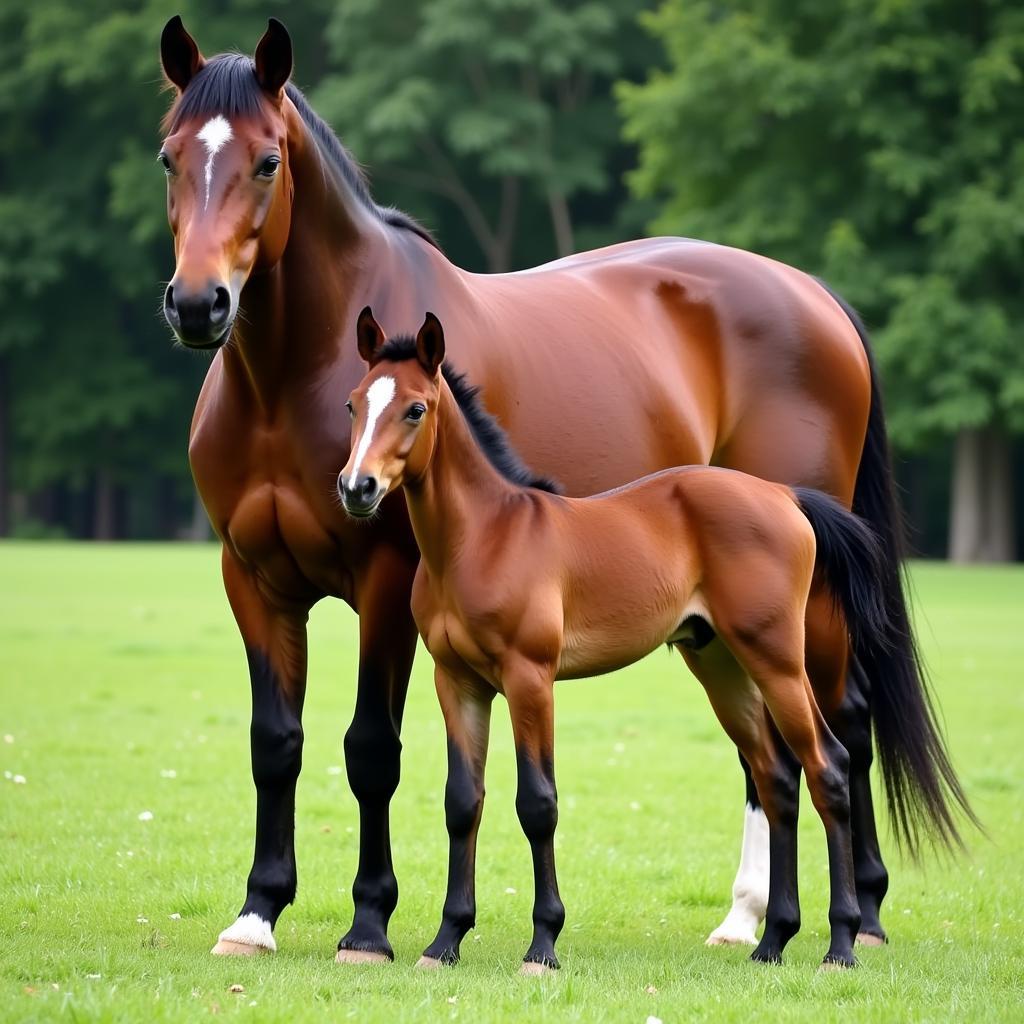 Cleveland Bay mare with her foal in a pasture