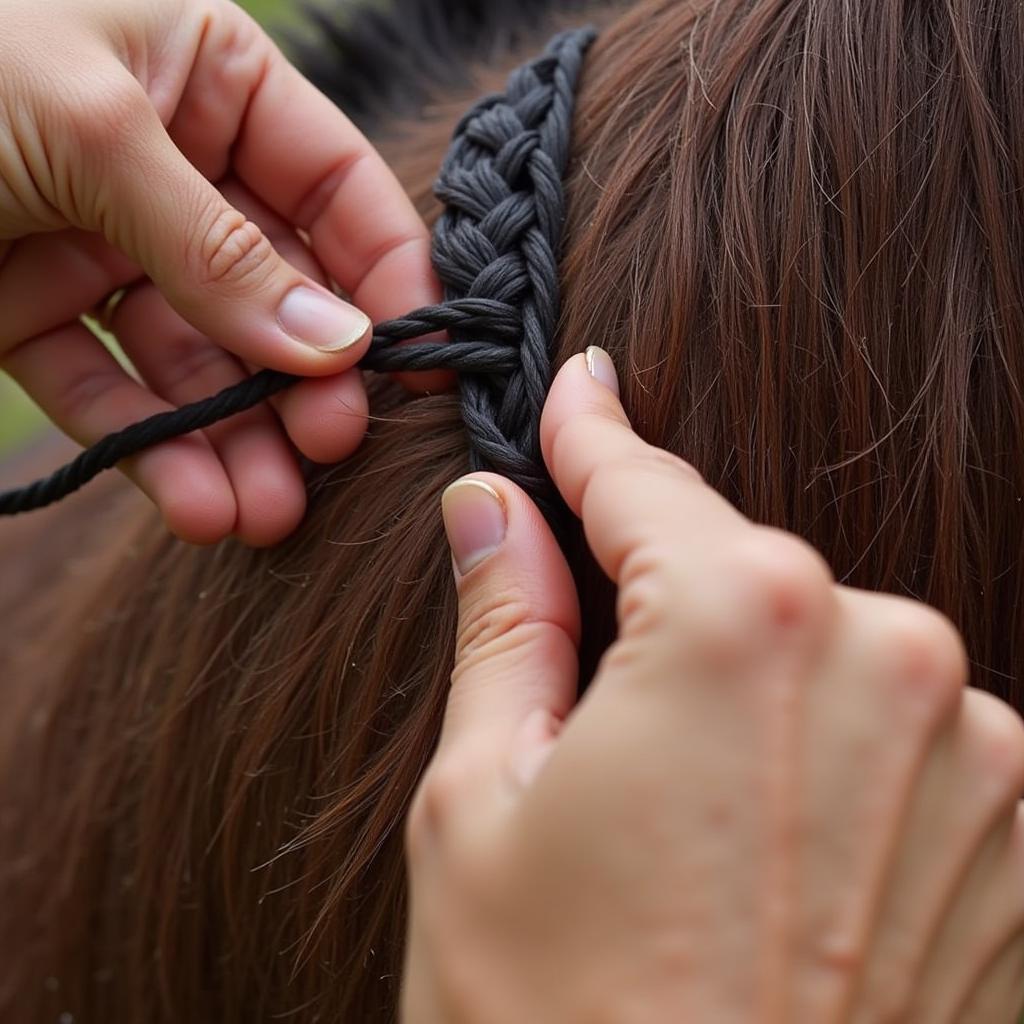 Close-up of braiding a horse's mane