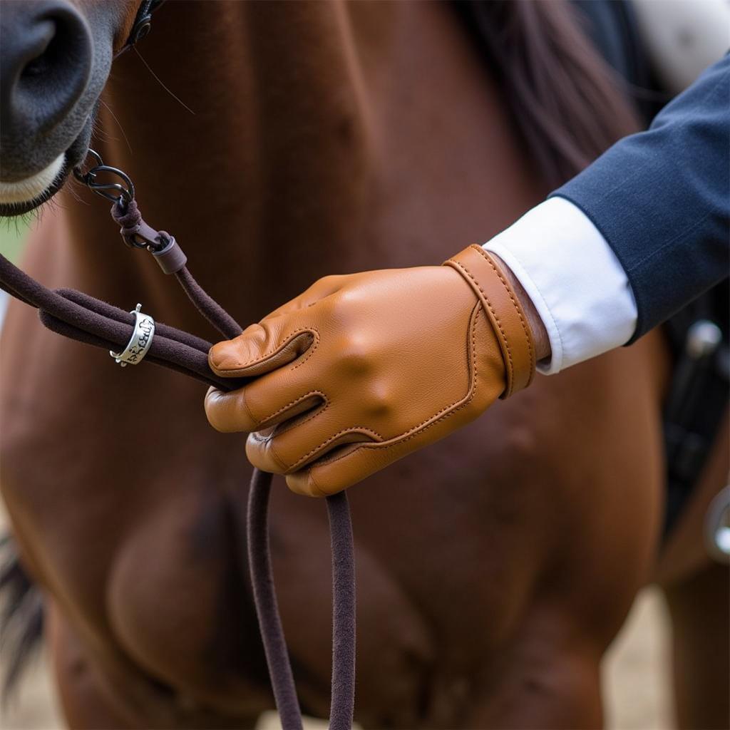 Rider's hands holding reins wearing gloves