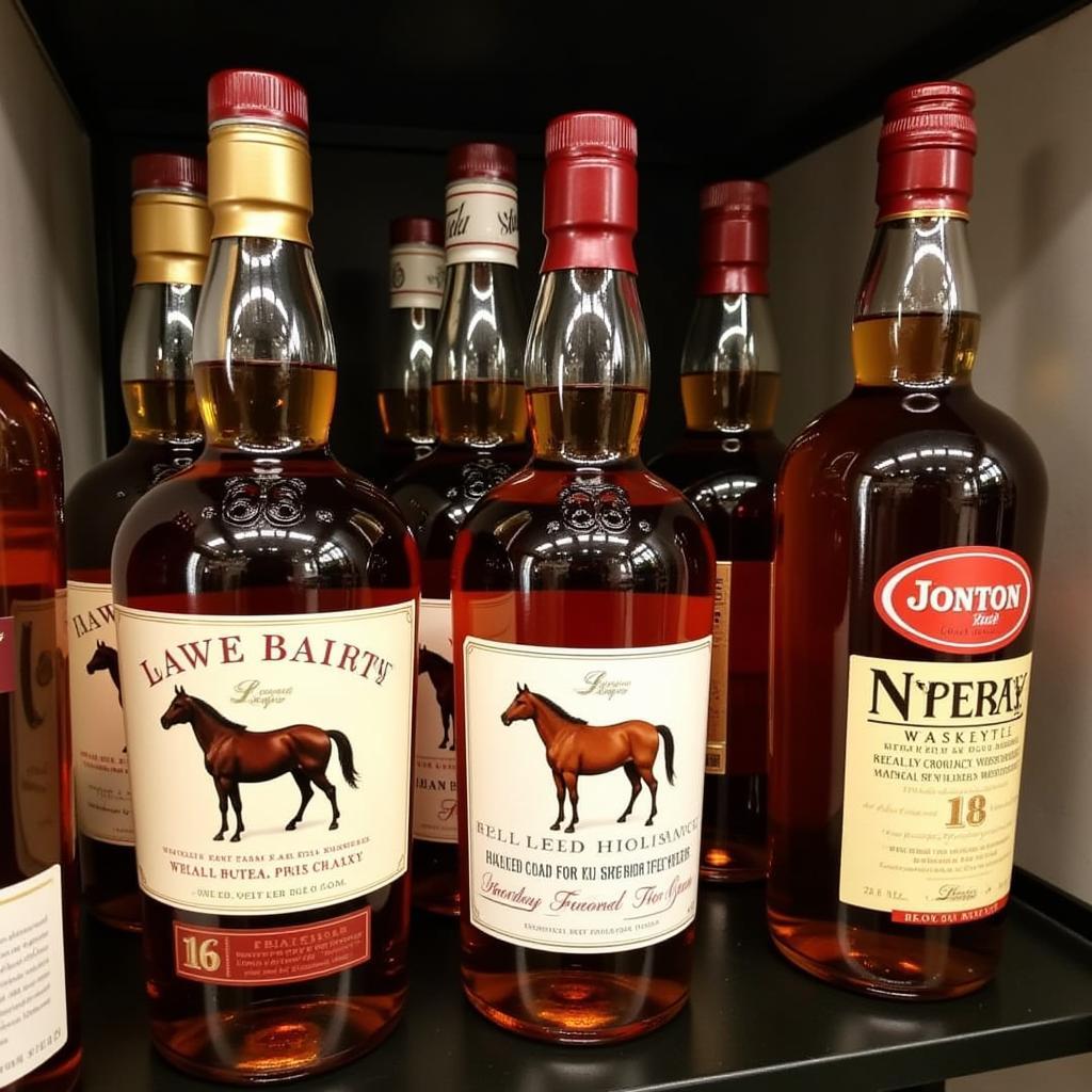 Collecting Whiskey Bottles with Horse Imagery: A display of various whiskey bottles with horse-themed labels, highlighting the diverse designs and appeal for collectors.