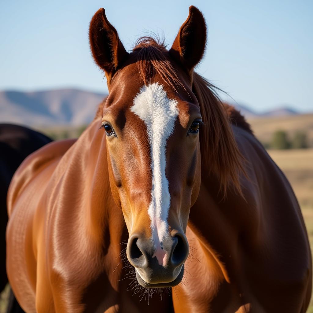 Close-up portrait of a cow-bred horse, highlighting its intelligent eyes and strong features