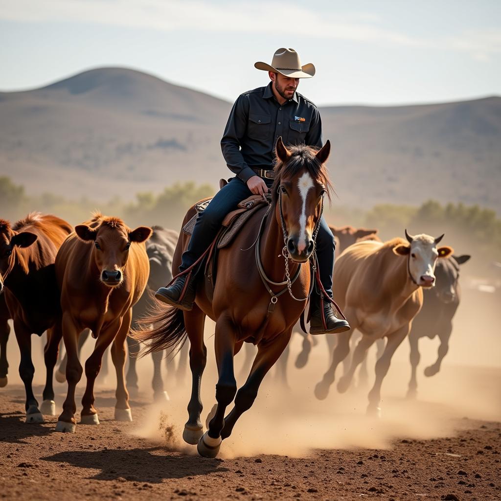 Cow-bred horse expertly maneuvering cattle in a ranch setting