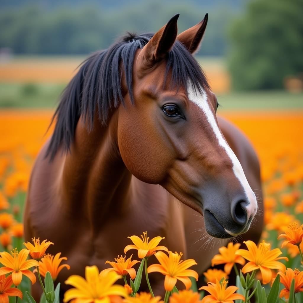 A single wild horse standing amidst a field of blooming daylilies, symbolizing resilience and beauty.