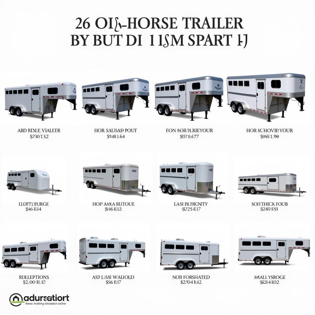 Different Adam Horse Trailer Models: A variety of Adam horse trailers are shown, ranging in size and style, from slant load to gooseneck.