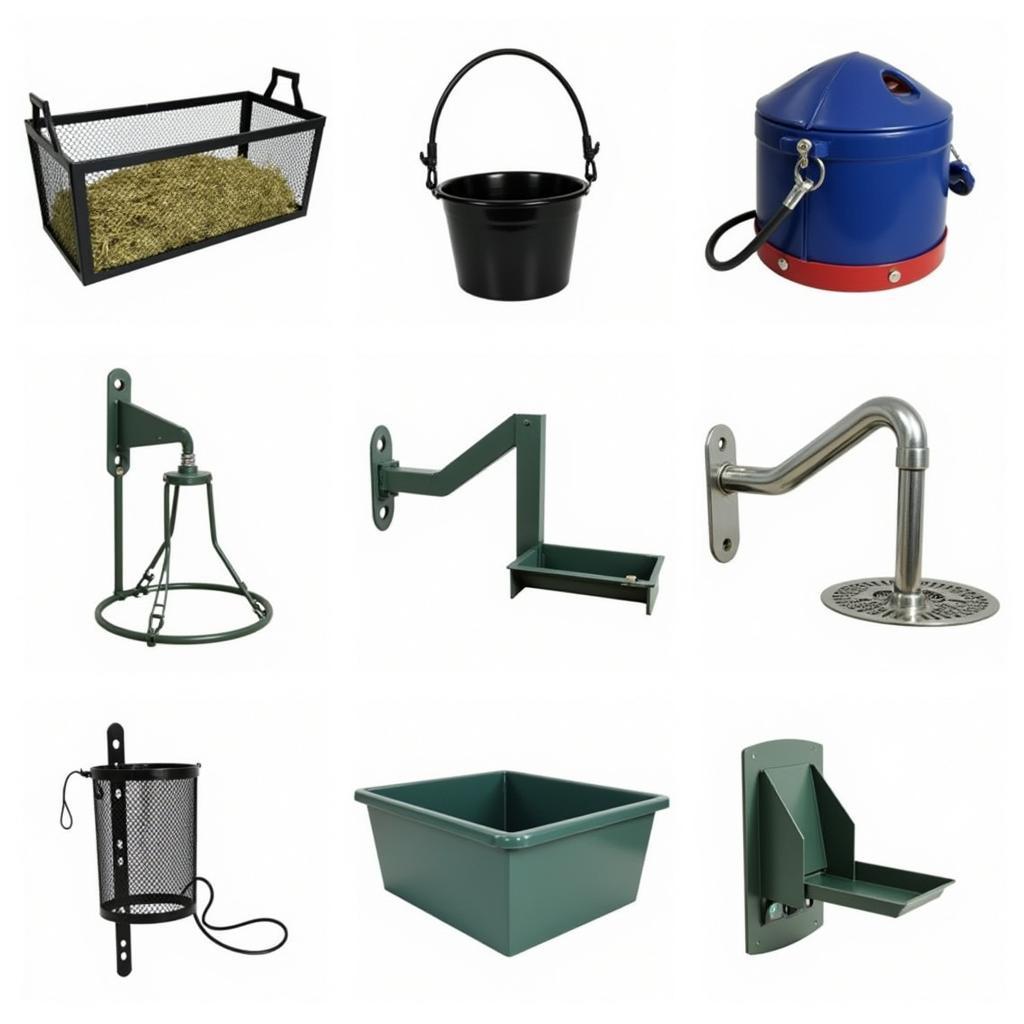 Various horse stall feeders for different needs.