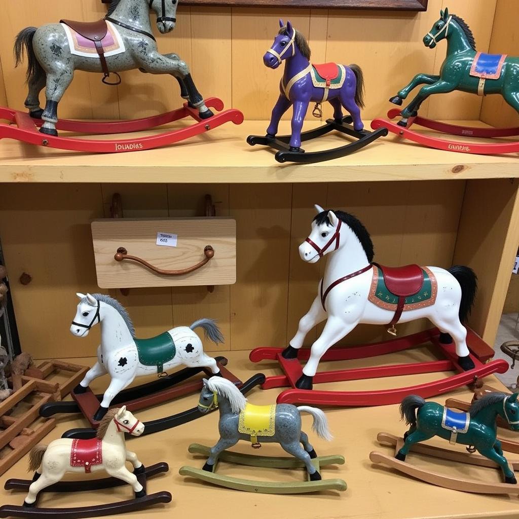 Various styles of handmade wooden rocking horses