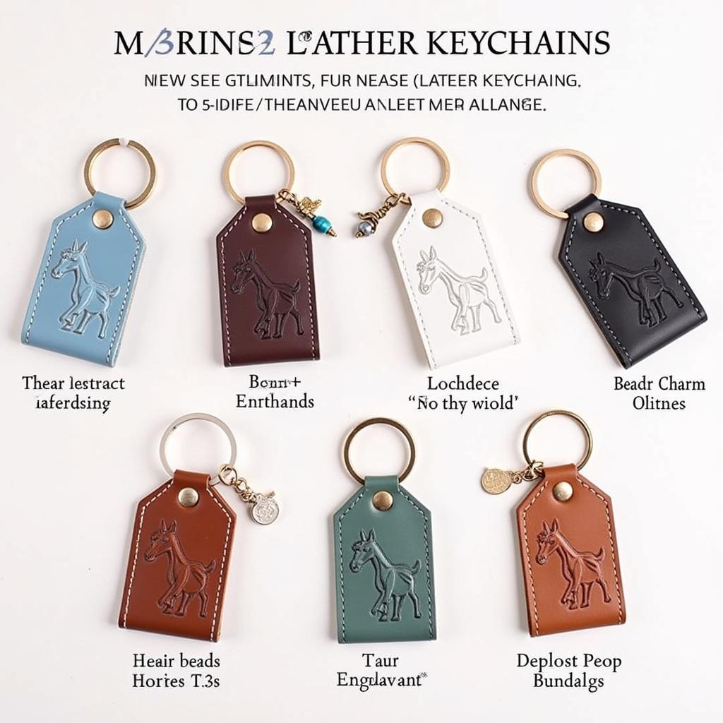 Variety of horse leather keychains showcasing diverse designs, colors, and personalization options.